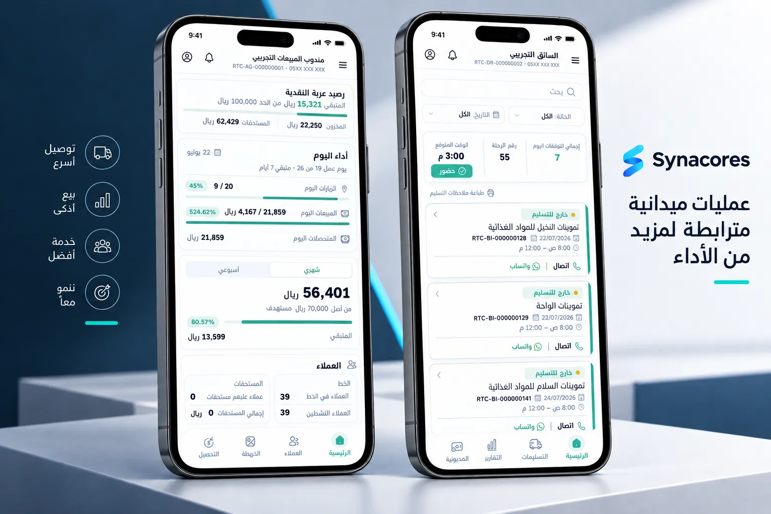 تطبيقا مندوب المبيعات والسائق من سيناكورز بواجهة عربية جنبا إلى جنب، يعرضان ائتمان الفان النقدي وتنفيذ اليوم والزيارات وقائمة محطات التسليم