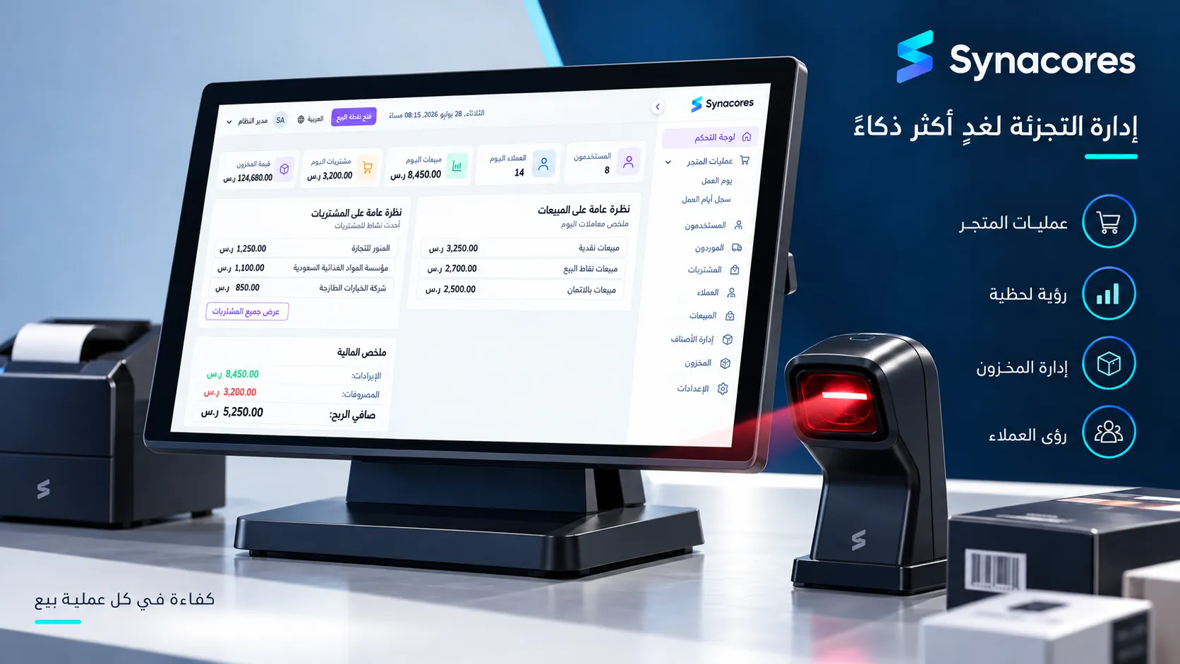 نظام سيناكورز للكاشير يعمل على منضدة نقاط بيع للتجزئة، ويعرض لوحة المتجر مع ملخص المبيعات والمشتريات والملخص المالي